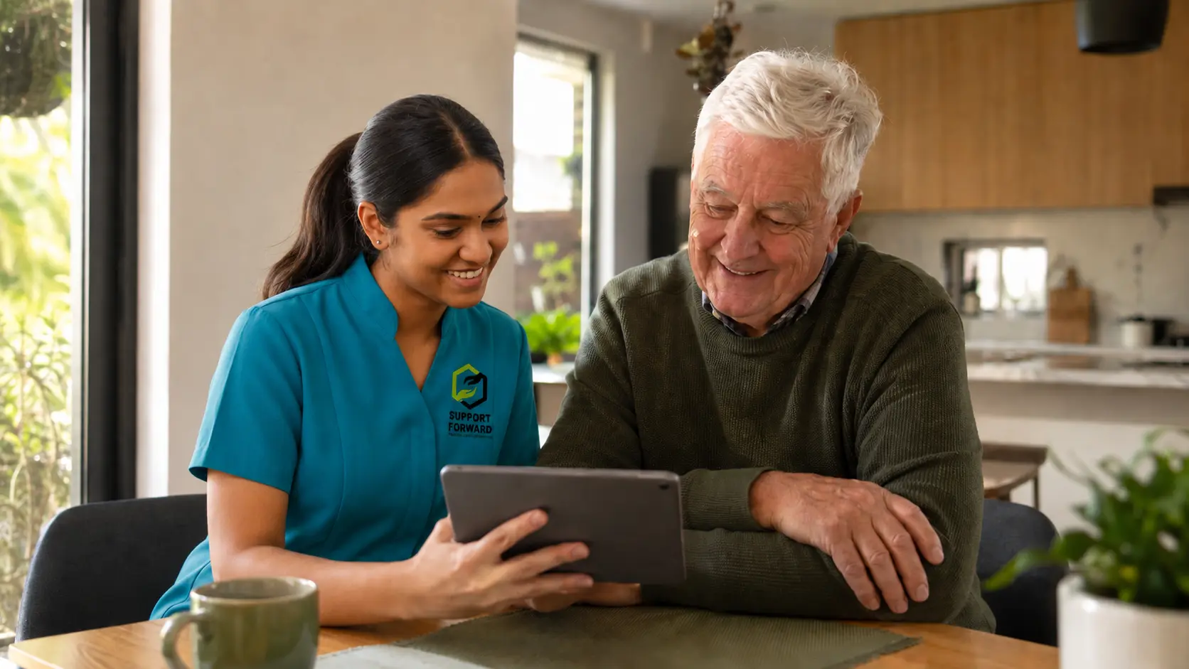 Support Forward worker and participant reviewing a care plan together at home in Melbourne