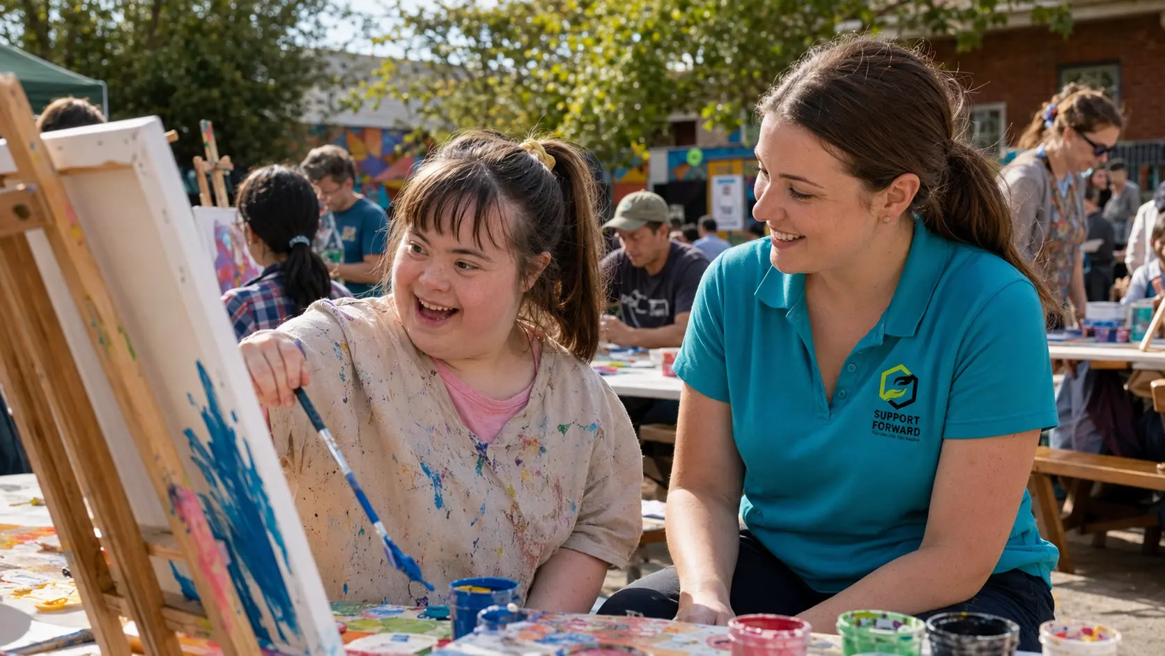 Innovative community participation — participant at Melbourne arts event with support worker